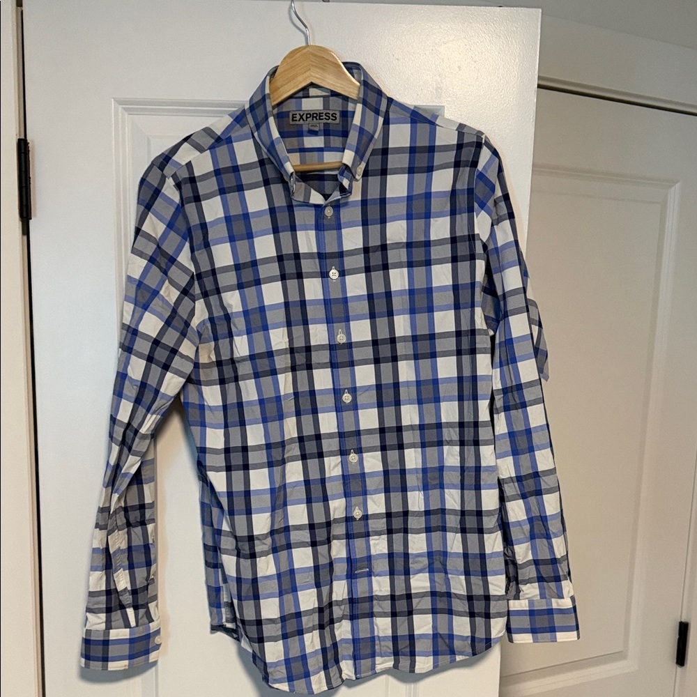 Express Blue and White Plaid Fitted Button-Down Shirt